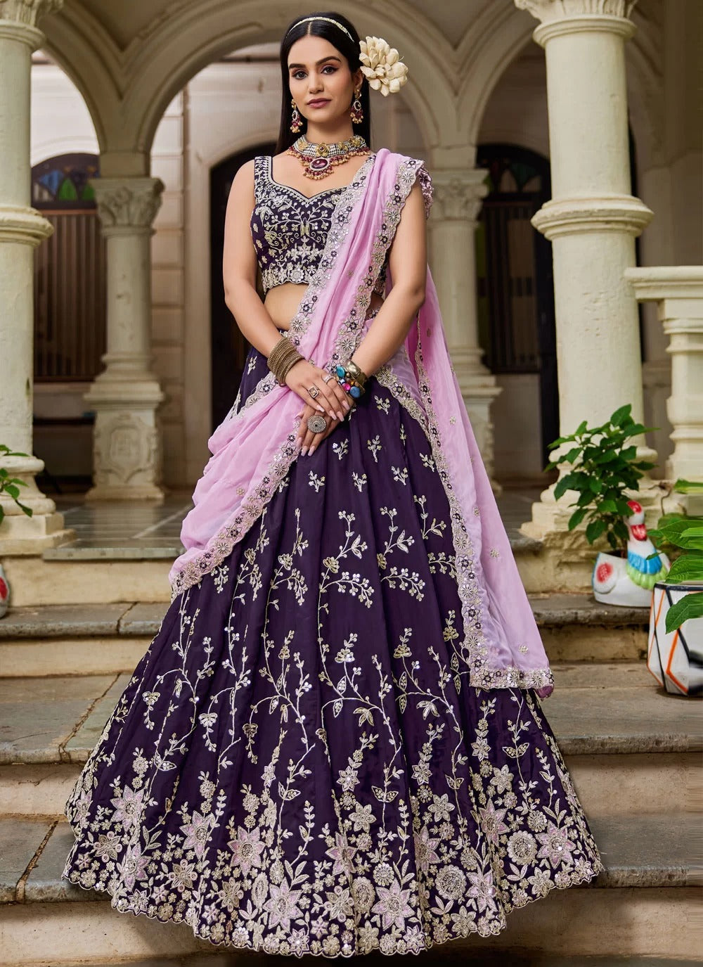 Magenta Organza Embroidered Designer Lehenga Choli with Pink Dupatta