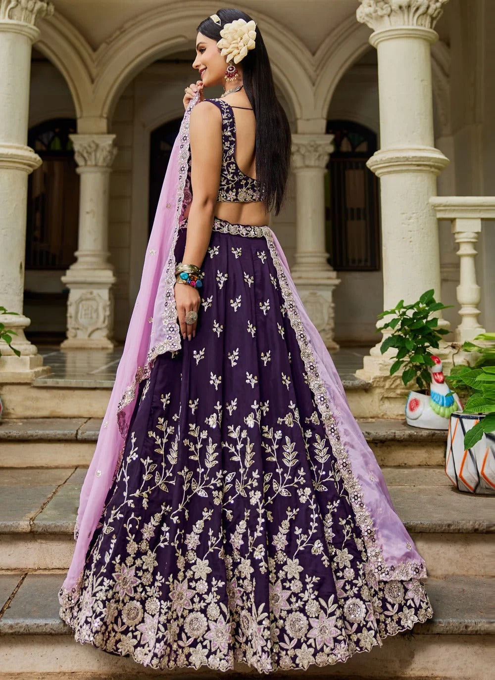Magenta Organza Designer Lehenga Choli with Embroidery for Sister’s Wedding | Gunj Fashion