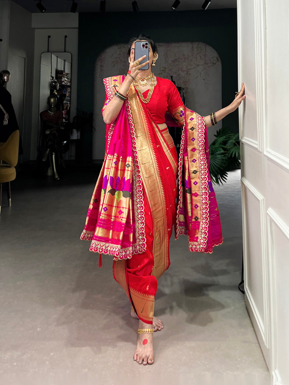 Red paithani silk saree with dupatta and blouse