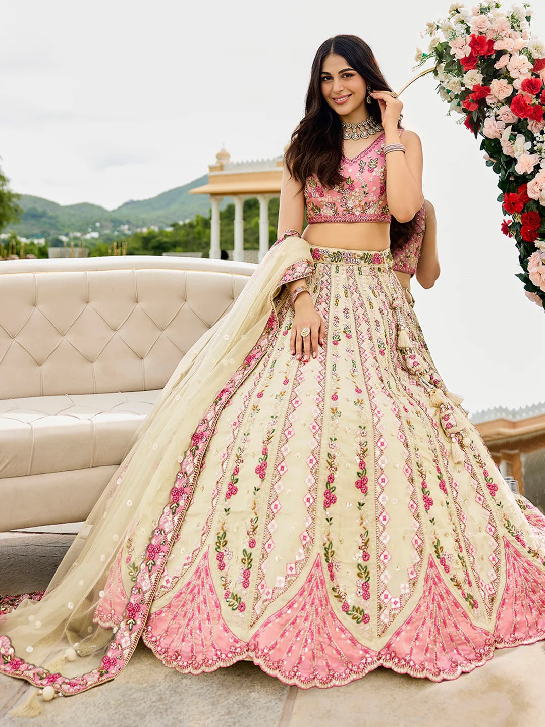 Majestic Cream Tissue Bridesmaid Lehenga