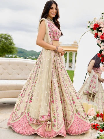 Cream Wedding Bridesmaid Lehenga with Net Dupatta
