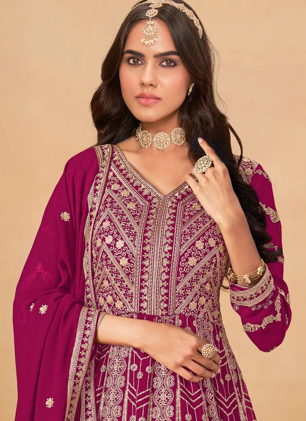 Rani pink faux georgette wedding wear anarkali suit with front and back embroidery work