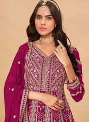 Rani pink faux georgette wedding wear anarkali suit with front and back embroidery work