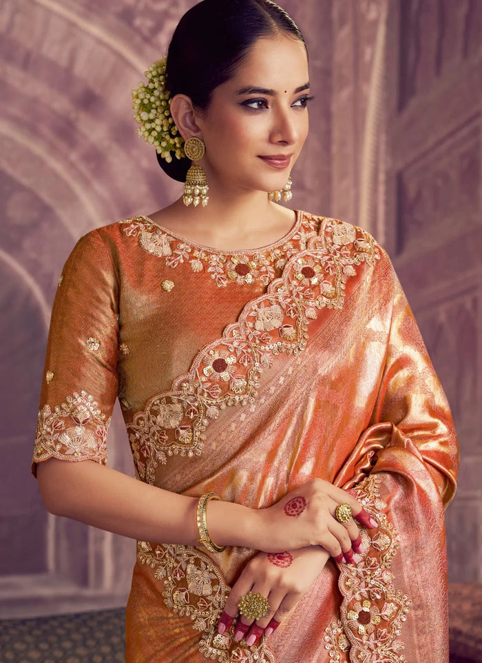 Rust Red Kanjivaram Pure Zari Silk Saree | Beads & Sequence Embroidery Wedding Wear