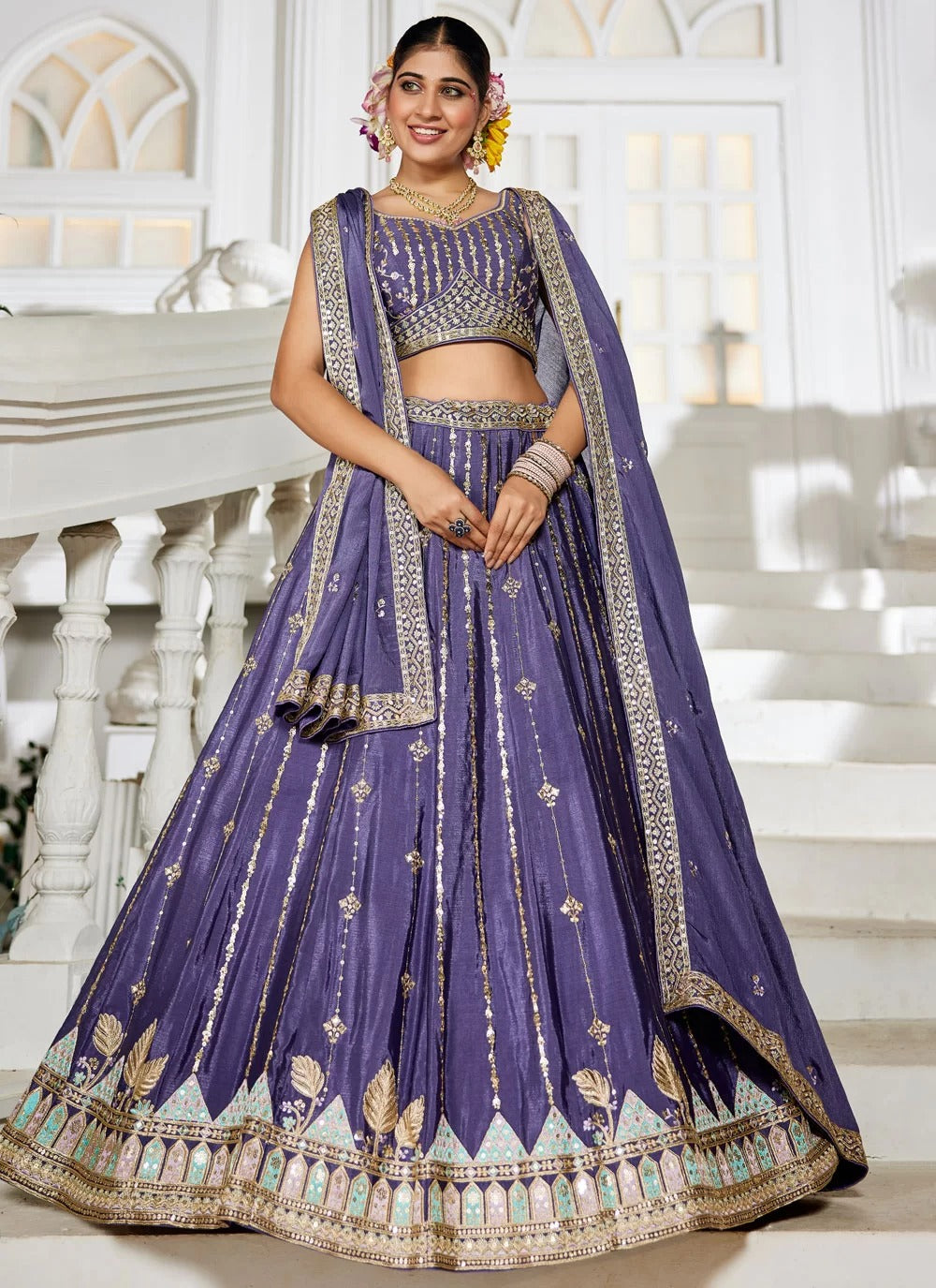 Violet poly georgette lehenga with sequins, coding and thread embroidery – best lehenga for sister
