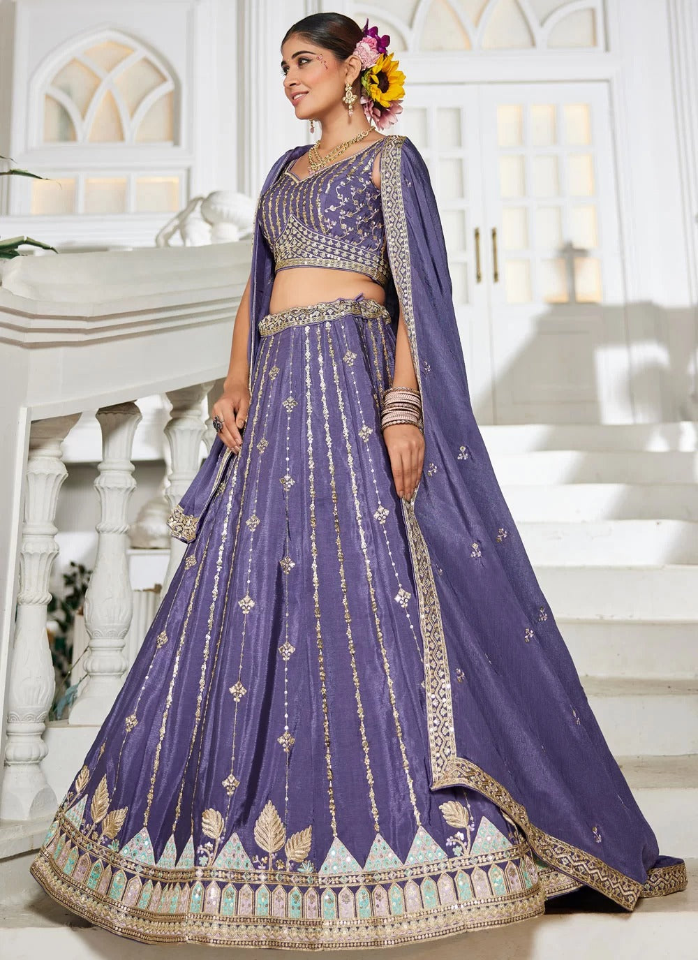 Violet poly georgette lehenga with sequins, coding and thread embroidery – best lehenga for sister