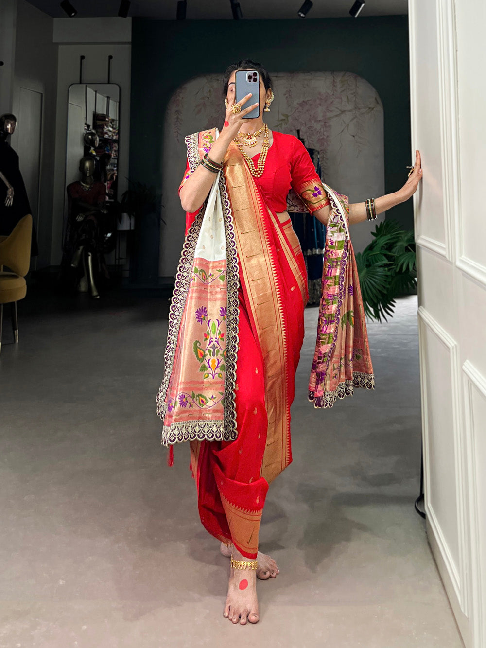 Red paithani silk saree for spiritual occasions