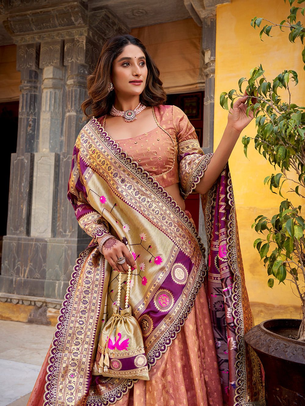 Peach Color Wedding Wear Simmer Organza Lehenga