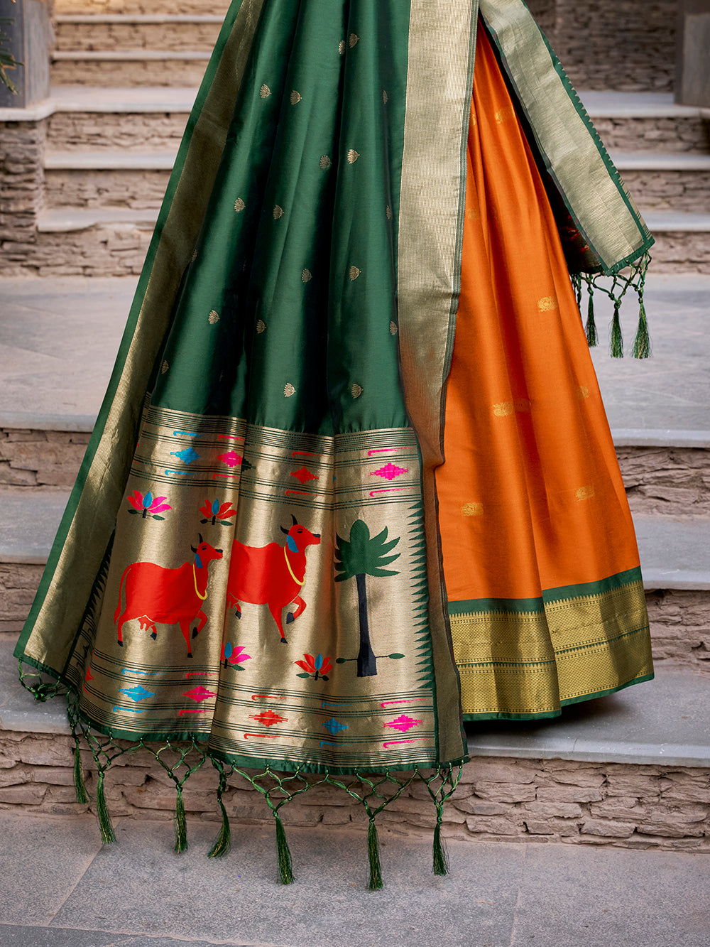 Orange Color Zari Weaving Work Jacquard Silk(Paithani) Lehenga Choli
