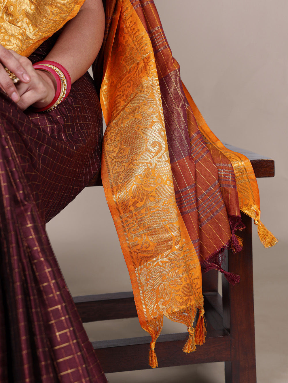 Brown saree with unstitched blouse piece