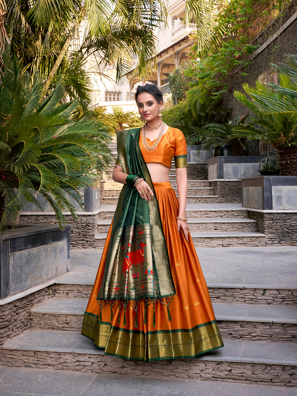 Orange Color Zari Weaving Work Jacquard Silk(Paithani) Lehenga Choli