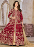 Maroon art silk abaya style suit front view with net dupatta