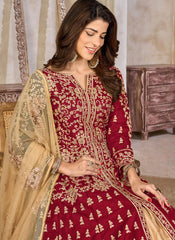 Close-up embroidery detail on maroon art silk abaya suit