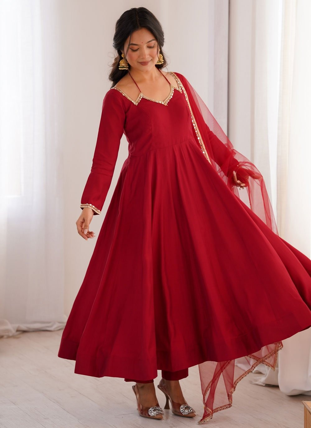 Maroon designer Anarkali with lace yoke and mirror lace dupatta