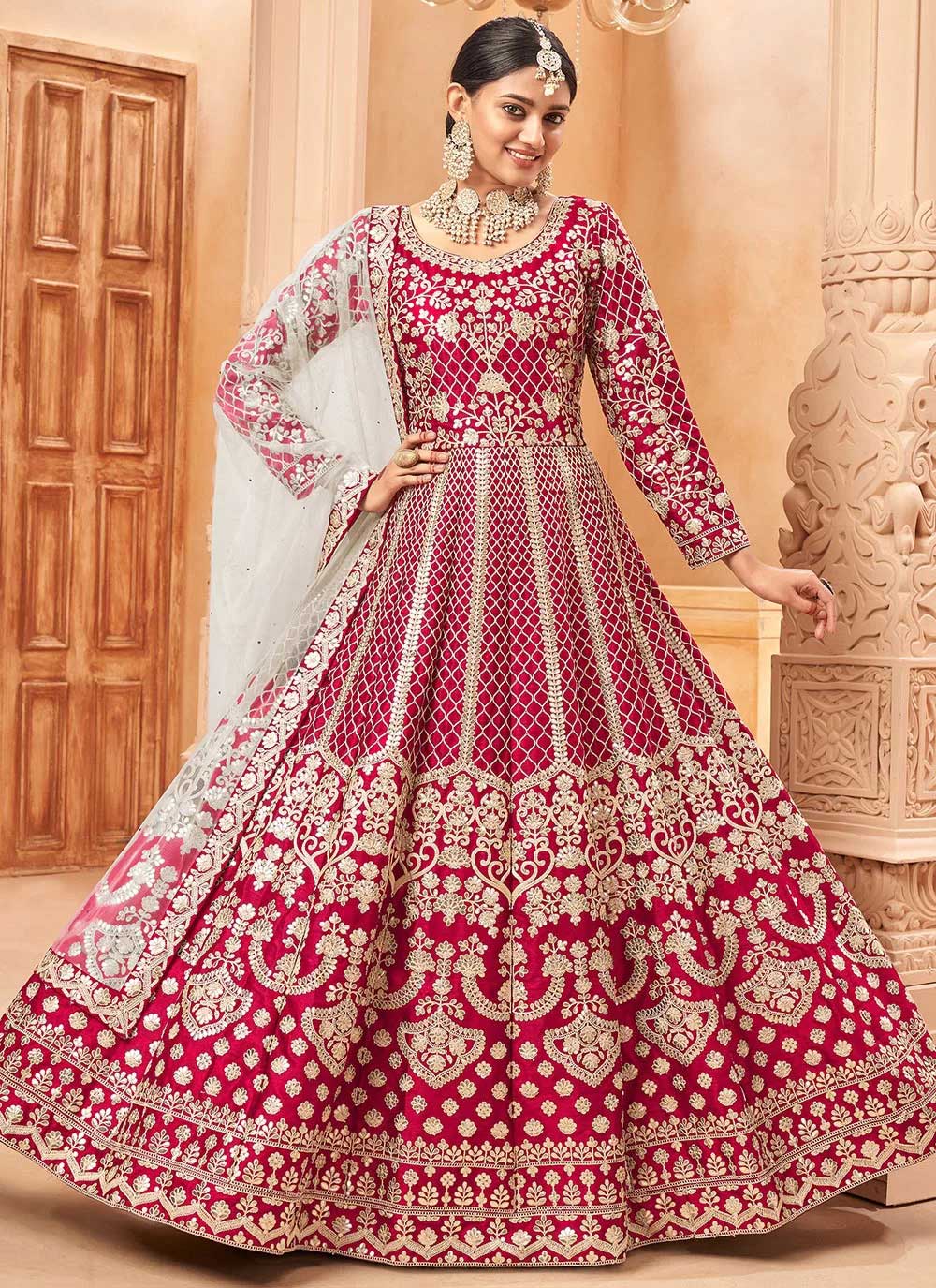 Women's Peach Heavy Thread Work Anarkali Suit Set With Net Dupatta (3 Pc  Set) - Label Shaurya Sanadhya | Anarkali dress pattern, Stylish dresses for  girls, Party wear indian dresses