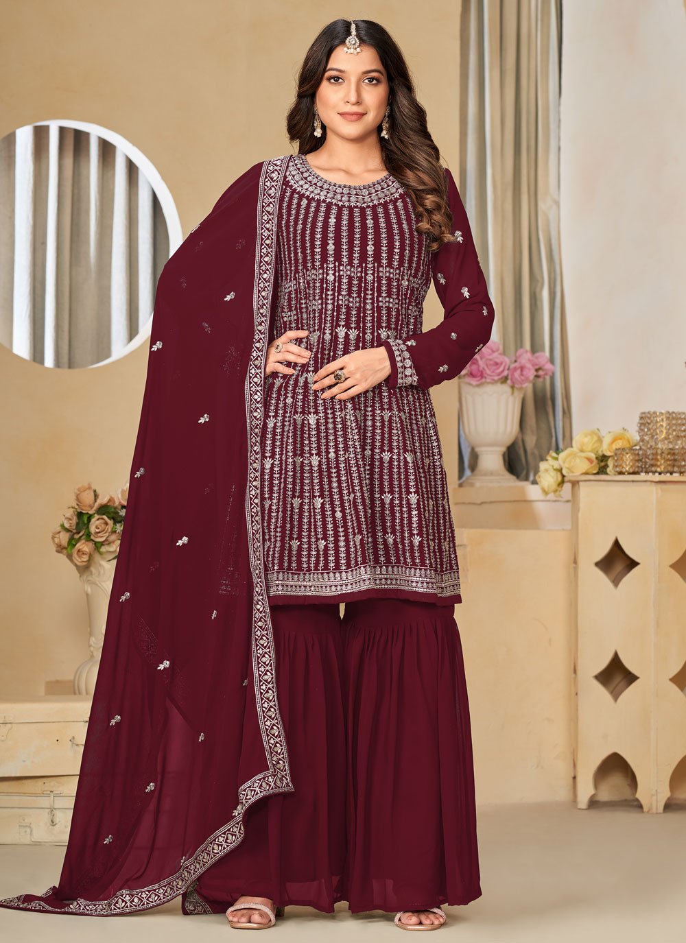 Maroon color Designer Embroidered Sharara Suit For Indian Wedding