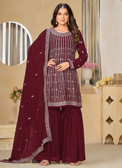 Maroon color Designer Embroidered Sharara Suit For Indian Wedding