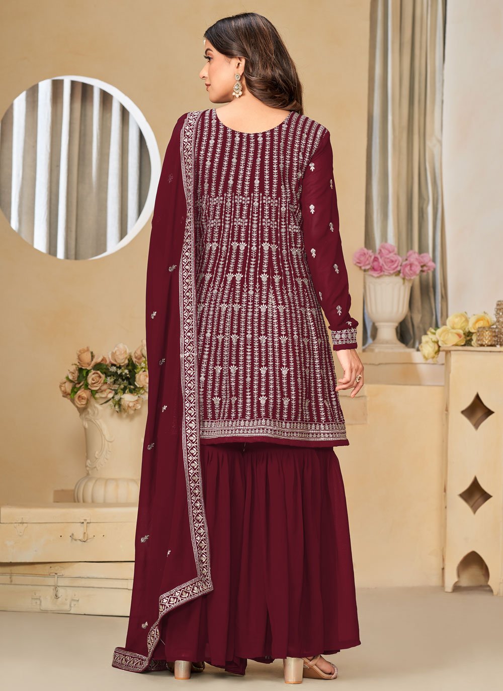 Maroon color Designer Embroidered Sharara Suit For Indian Wedding