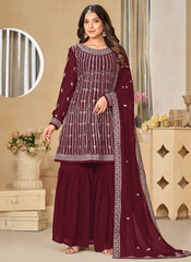 Maroon color Designer Embroidered Sharara Suit For Indian Wedding