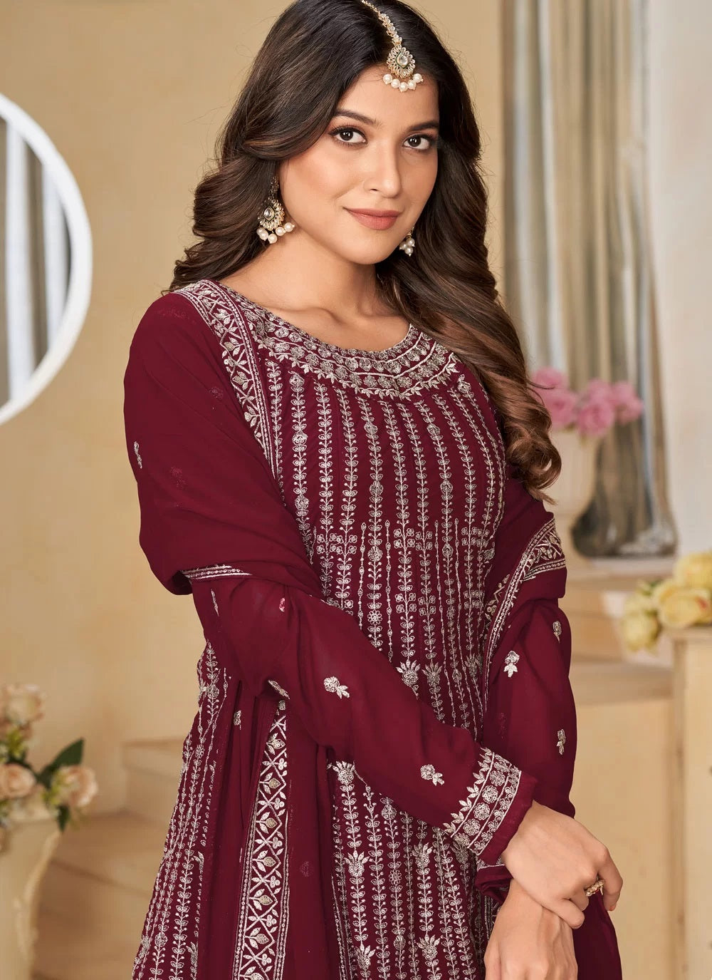 Maroon color Designer Embroidered Sharara Suit For Indian Wedding