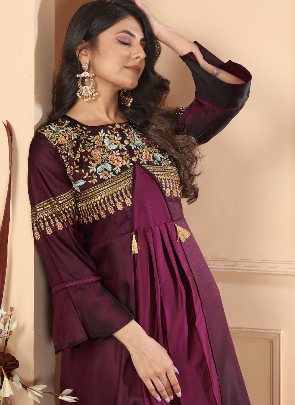 Buy Maroon Color Heavy Embroidered Readymade Indian Gown In Silk L (40) Buy Maroon Color Heavy Embroidered Readymade Indian Gown In Silk L (40)