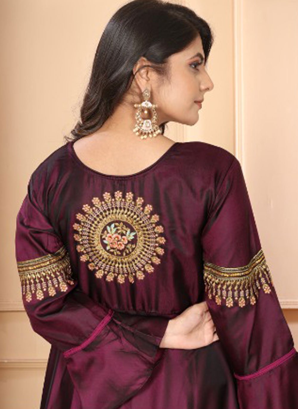 Maroon Color Heavy Embroidered Readymade Indian Gown In Silk