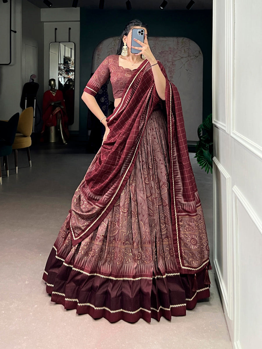maroon tasar silk kalamkari lehenga choli