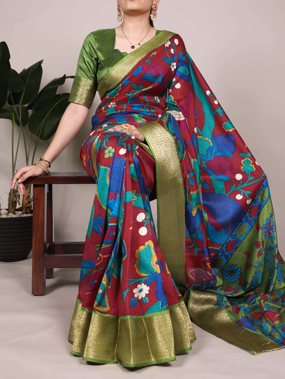 Maroon tussar silk saree with zari work