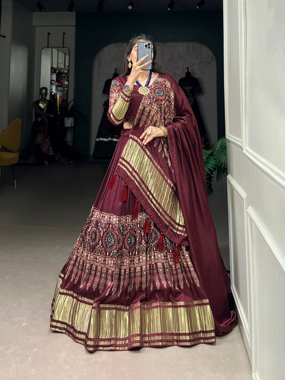 Elegant Maroon Lagdi Patta Gaji Silk Navratri Lehenga Choli With Dupatta