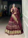 Elegant Maroon Lagdi Patta Gaji Silk Navratri Lehenga Choli With Dupatta