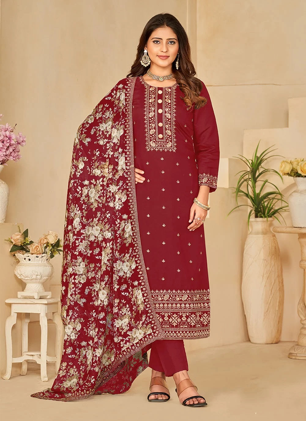 Maroon color straight cut Salwar kameez with sequins embroidery