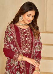 Maroon color straight cut Salwar kameez with sequins embroidery