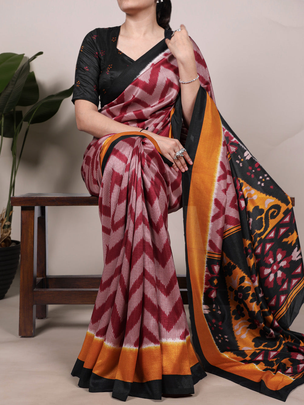 Maroon printed tassar silk saree