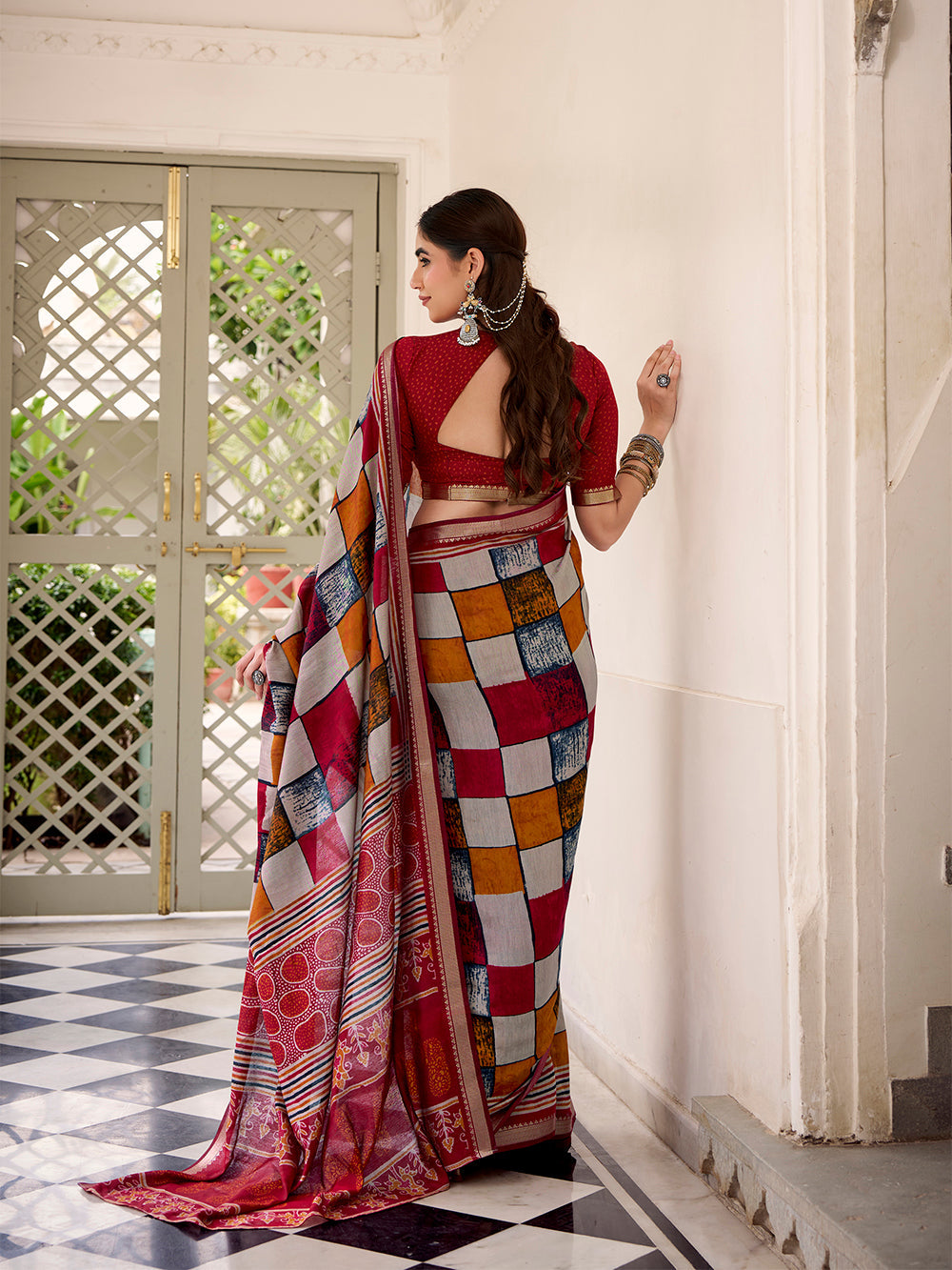 Traditional maroon check print saree