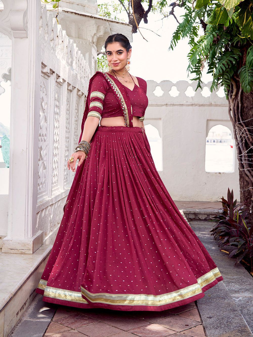 Maroon chanderi zari weaving lehenga choli