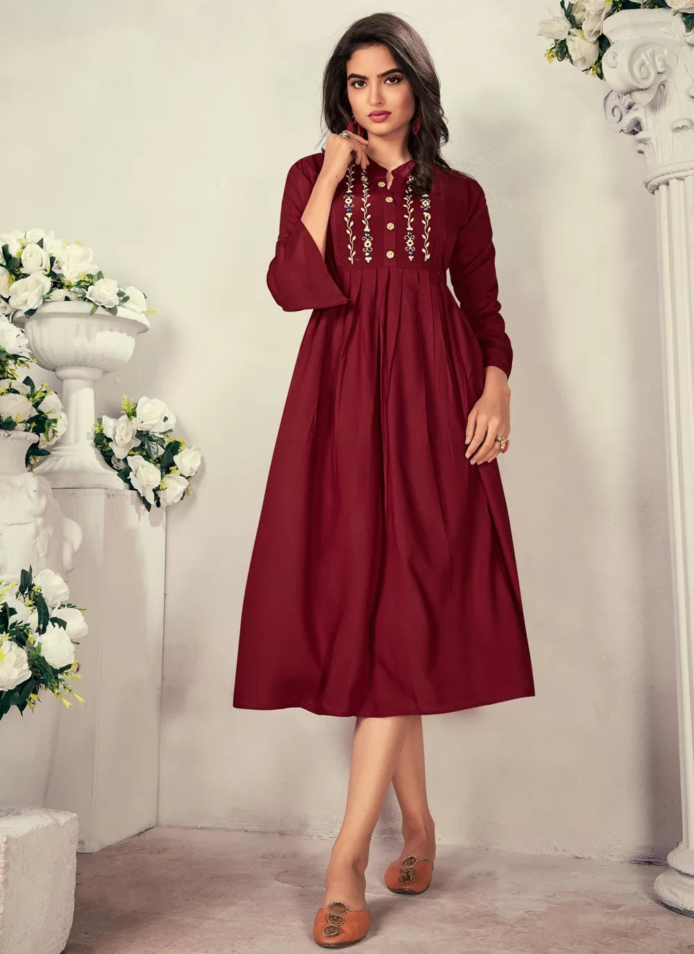 Maroon Embroidered Heavy Rayon Feeding Kurti with Comfortable Fit