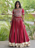 Maroon Gujarati lehenga with real mirror work and Gota Patti detailing