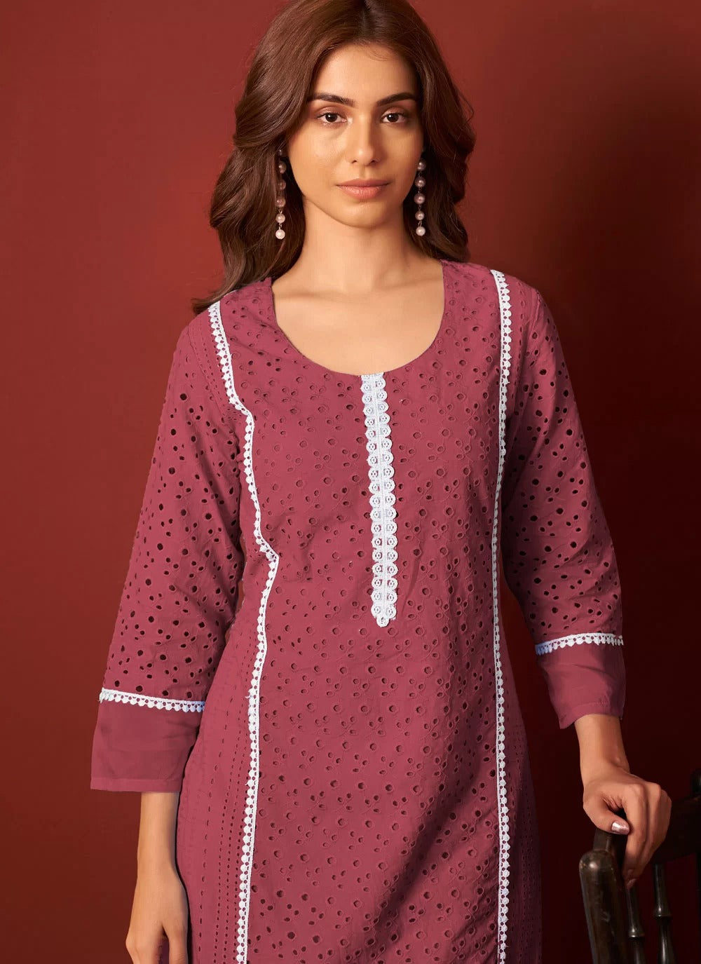 Maroon Office Wear Cotton Kurti Set with Dupatta