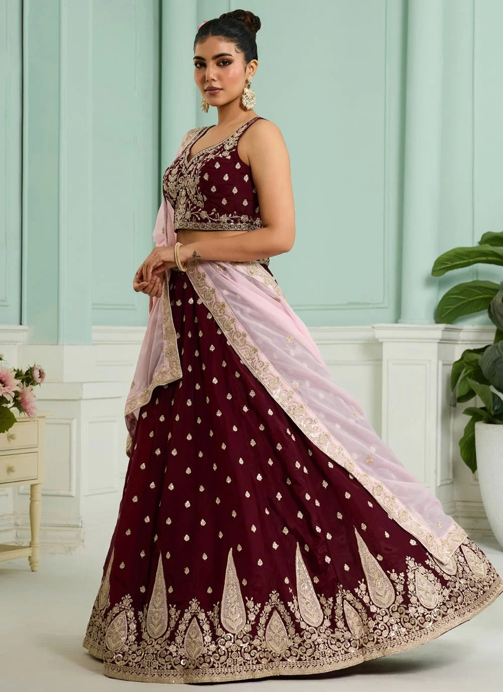 Full flair maroon organza wedding lehenga for bridal wear