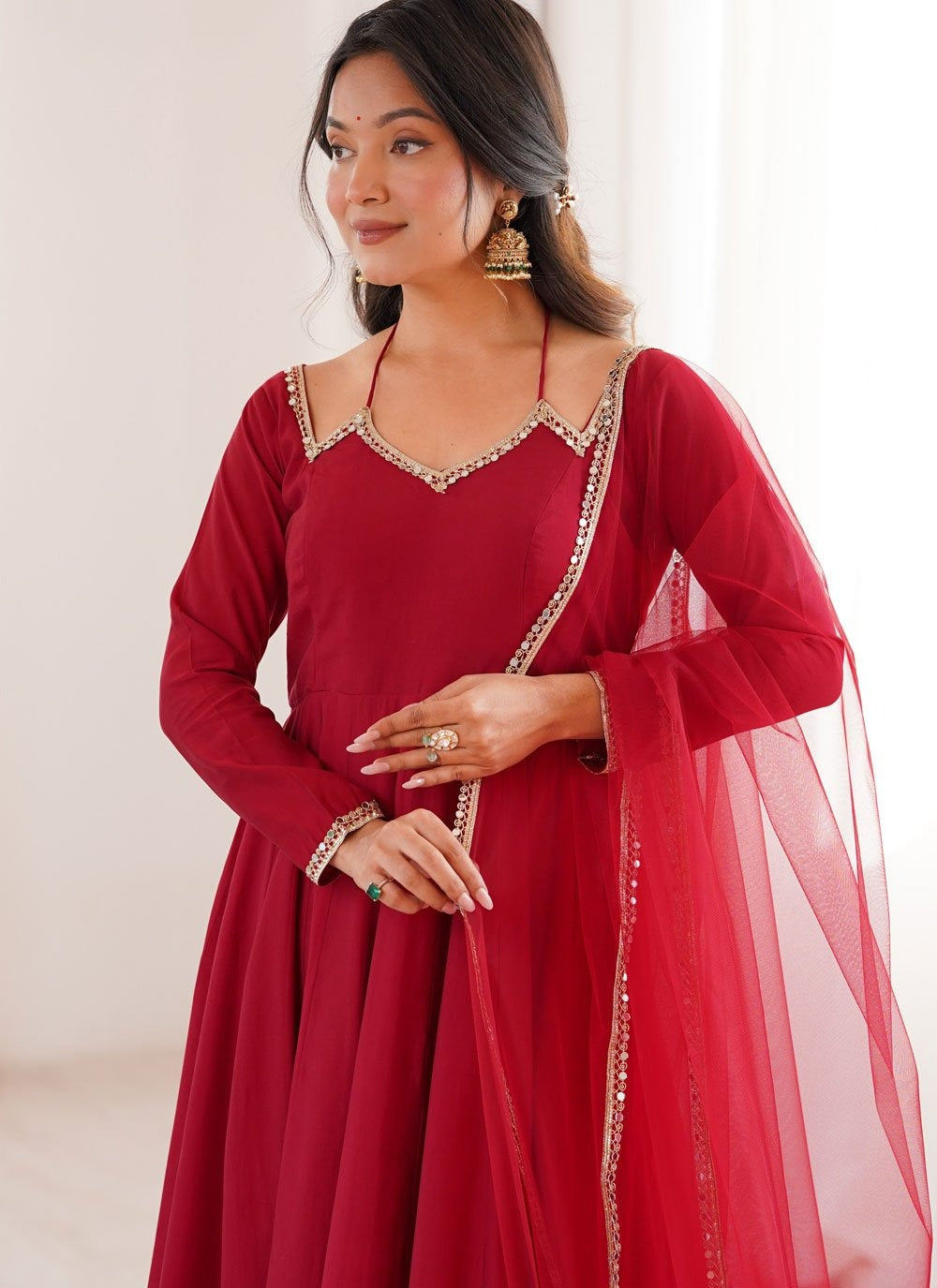 Ready to wear maroon Anarkali suit with pants and full flare