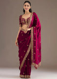 Maroon Embroidered Tissue Saree with Diamond & Pearl Work