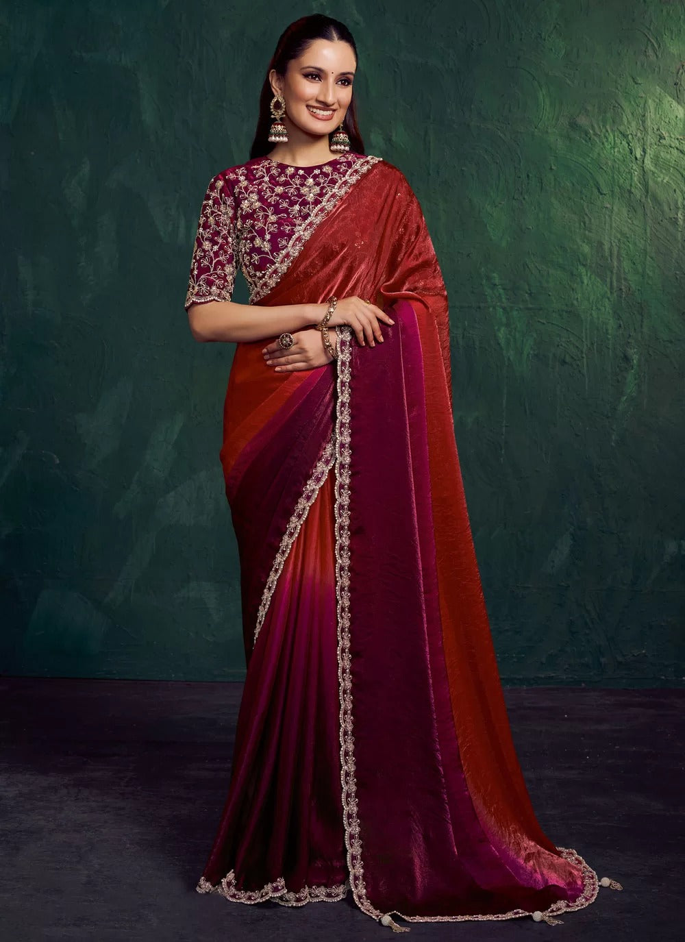 Maroon Wine Indian Party Wear Saree | Two Tone Satin Design