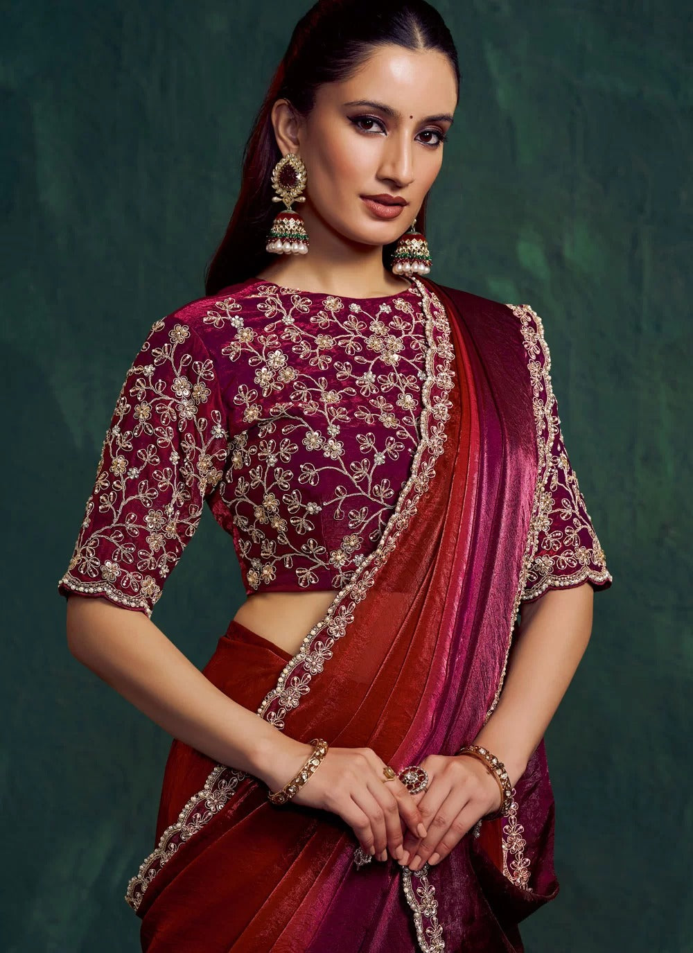 maroon wine indian party wear saree in two tone satin with scallop embroidery