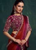 maroon wine indian party wear saree in two tone satin with scallop embroidery