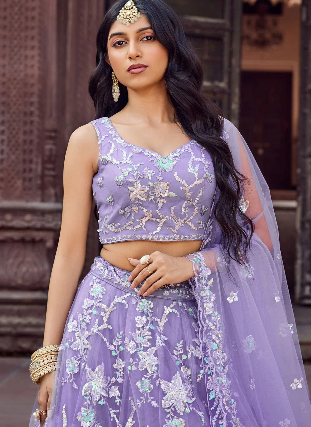 Mauve net dupatta with cutwork embroidery border