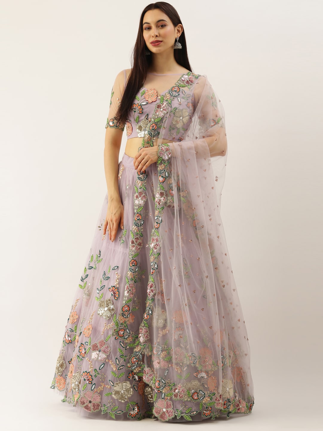 Mauve Net Sequins Embroidered and mirror work Lehenga For Wedding