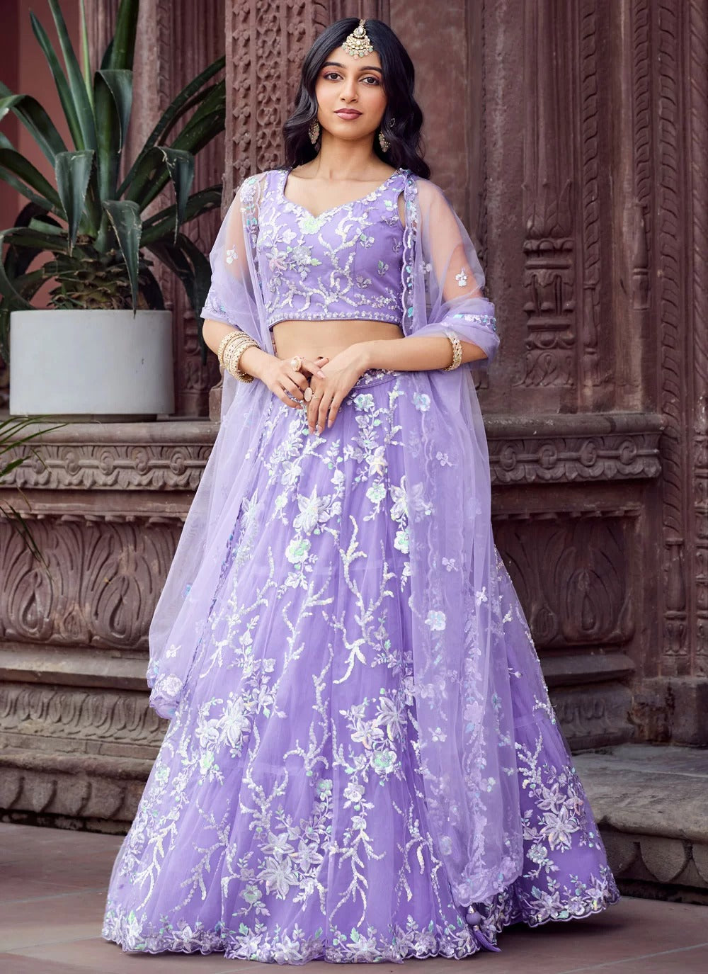 Mauve net bridesmaid lehenga for engagement function