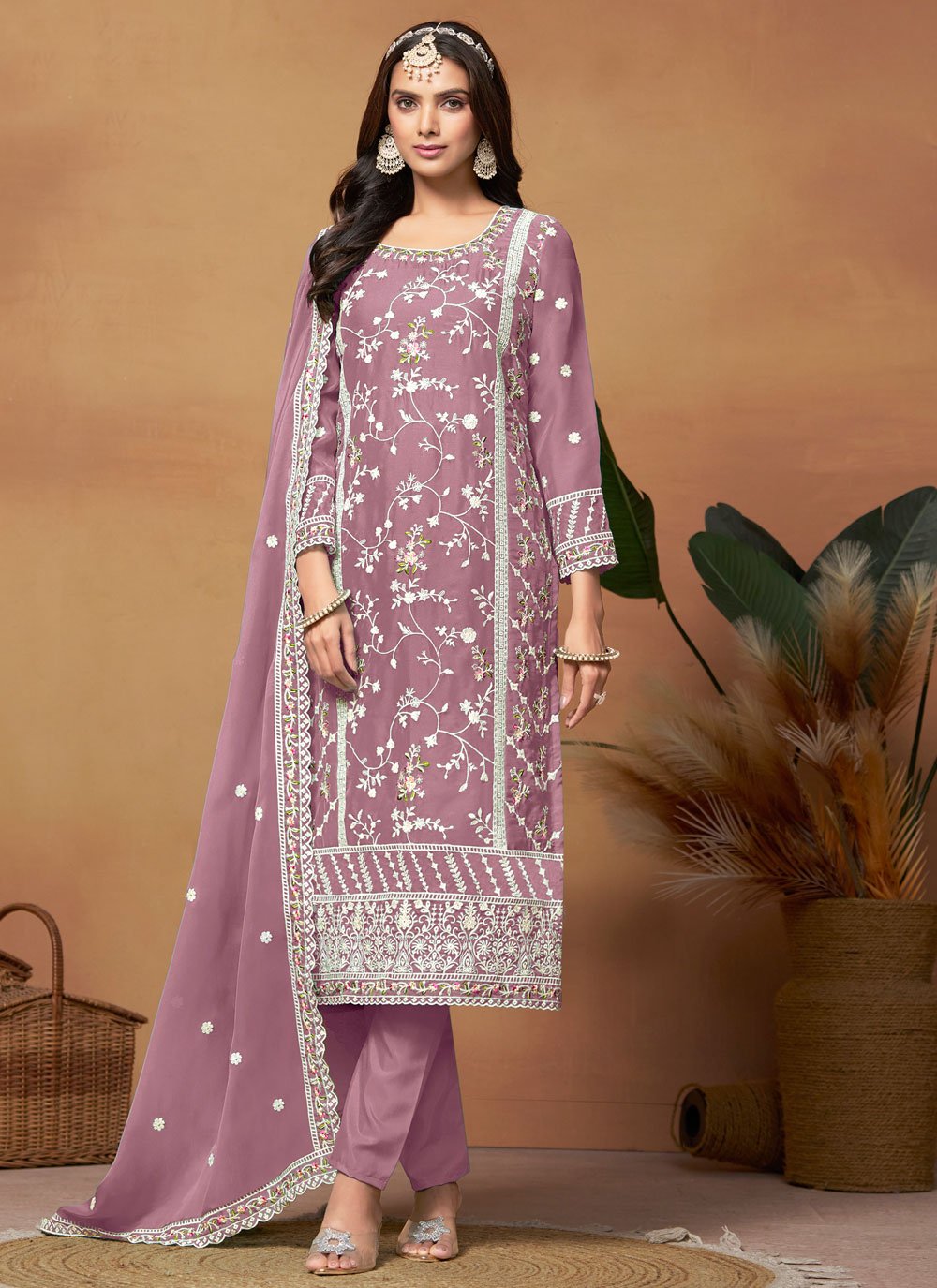 Mauve Soft Organza Heavy Embroidery Pakistani Straight Suit