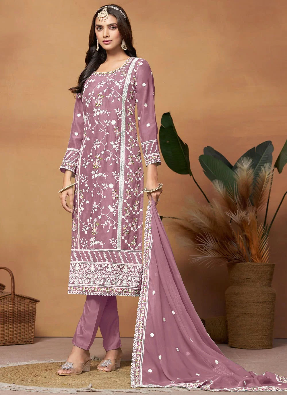 Mauve Soft Organza Heavy Embroidery Pakistani Straight Suit