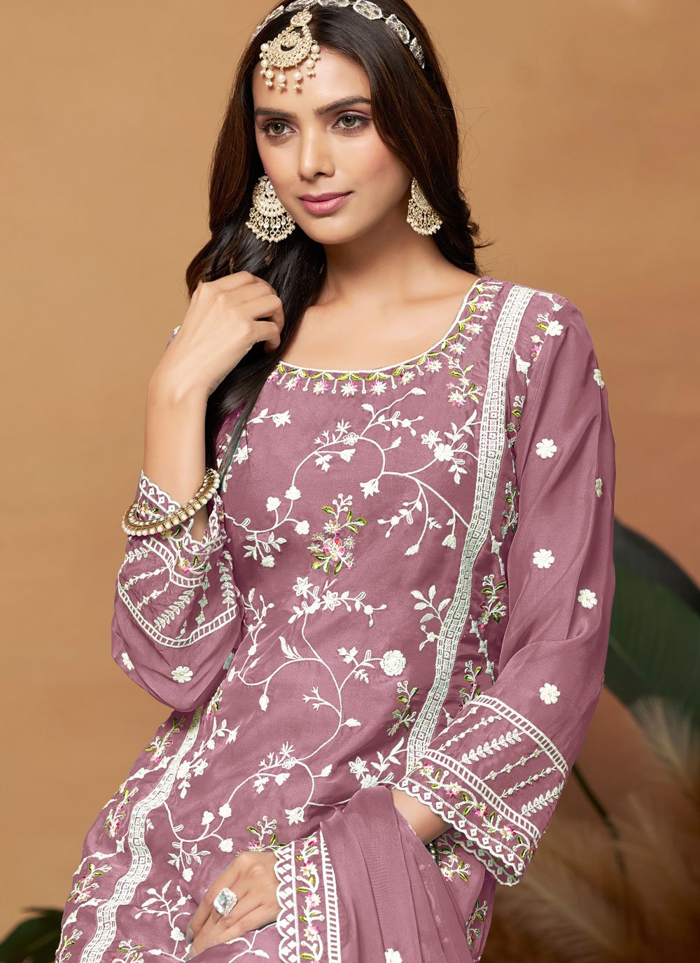 Mauve Soft Organza Heavy Embroidery Pakistani Straight Suit